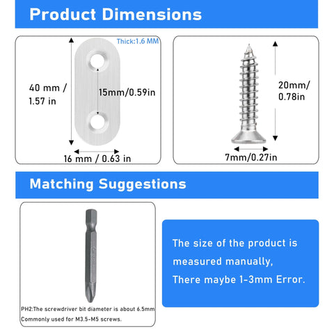 Product dimensions of 16 Pack Flat Plate Straight Brackets 40MM Stainless Steel Flat Metal Braces with screws for smooth motion.