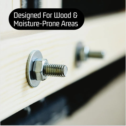 Bolt with 5 16th Inch Stainless Flat Washer Three Quarters Inch OD 304 Stainless on wood surface