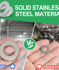 Comparison of solid stainless steel flat washers 1 inch ID 2 inch OD 304 pack of 10 with durable badge and missing corner warning.