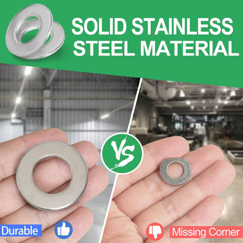 Comparison of solid stainless steel flat washers 1 inch ID 2 inch OD 304 pack of 10 with durable badge and missing corner warning.