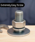 Close-up of 5 16th Inch Stainless Flat Washers Three Quarters Inch OD 304 Stainless 100 Pack with bolt and wrench
