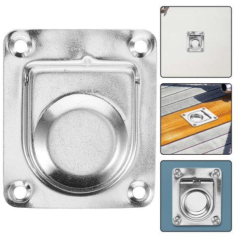Front view of Healifty stainless steel flush pull ring handle (65×56mm) on square mounting plate with four screws.