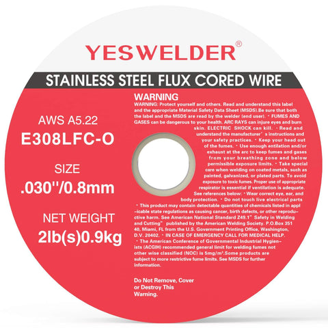 Label of Stainless Steel Flux Core MIG Welding Wire 0.030 Inch E308LFC-O, 2 lb ABS spool, E308LFC-O specification