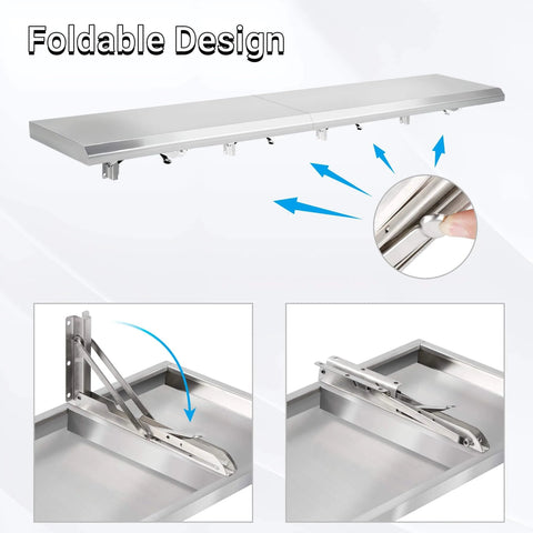 Drop Down Concession Shelf 48 By 12 Inches Stainless Steel Foldable Stand Shelf For Snack Bar Food Cart And Movie Theater Commercial Grade Heavy Duty Concession Rack shown with foldable design and brackets