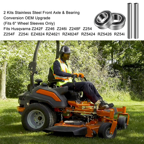 Person operating zero turn mower with Two Stainless Steel Front Axle And Bearing Conversion Kits For Select Z Series Zero Turn Mowers Fits Z242F Z246 Z246i Z248F Z254 Z254F Z254i EZ4824 RZ4621 RZ4824F RZ5424 RZ5426 RZ54i Fits 6 Inch Wheel Sleeves Only.