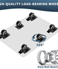 Heavy duty stainless steel furniture dolly with 6 swivel casters and dual ball bearings shown, highlighting non scratch rubber wheels.