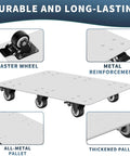 Heavy duty stainless steel furniture dolly with 6 swivel casters, metal reinforcement, and all-metal pallet, 1000 lb capacity.