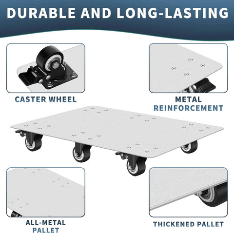 Heavy duty stainless steel furniture dolly with 6 swivel casters, metal reinforcement, and all-metal pallet, 1000 lb capacity.