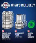 Automatic Garden Hose Quick Connect System With Stainless Steel Fittings Universal Fit Water Hose Connectors Push To Connect Quick Disconnect Adapter Instant Connection 5 Piece Kit including couplers, plugs, and gaskets.