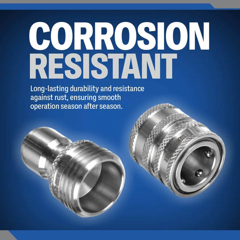 Three Quarter Inch Stainless Steel Garden Hose Quick Connect Fittings Set Of 4 Plug And Coupler close-up corrosion resistant