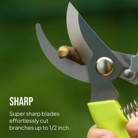 2 Pack Stainless Steel Gardening Scissors Set With Pruning Shears And Clippers cutting small branch, close-up view