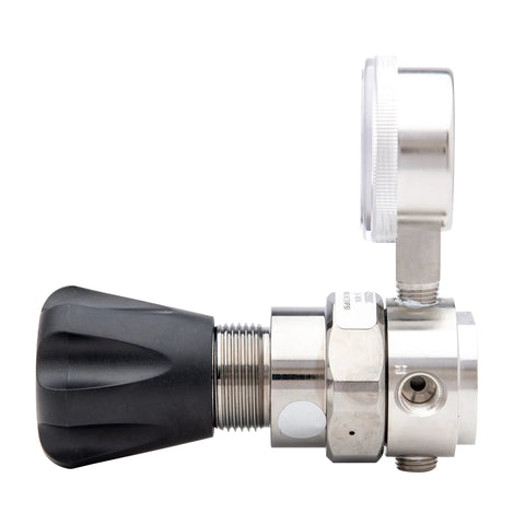 Side view of Workhorse High Purity Stainless Steel Gas Regulator for Nitrogen Helium Argon Carbon Dioxide Hydrogen Oxygen 0 to 250 PSIG Output Single Stage Pipeline Regulator HP743