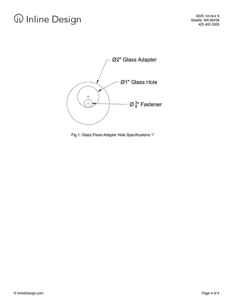 Diagram of Stainless Steel Glass Clamp Standoffs showing 2-inch adapter for 1-inch glass hole with 3/8 fastener, for balconies and pools
