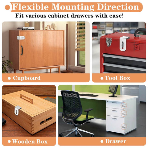 90 Degree Hasp Lock Latch for Desk Drawers and Cabinets on cupboard, toolbox, wooden box, drawer; flexible mounting direction