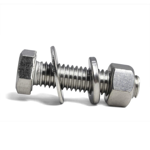 1/4-20 x 1-1/4 Inch Hex Bolts and Nuts Kit With Flat Washers and Lock Washers Stainless Steel 304 displayed side by side