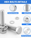 252 Piece Hex Bolts And Nuts Assortment Kit 1/4 20 5/16 18 3/8 16 Stainless Steel 304 With Case, bolt and nut details