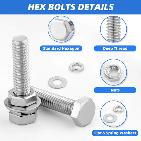 252 Piece Hex Bolts And Nuts Assortment Kit 1/4 20 5/16 18 3/8 16 Stainless Steel 304 With Case, bolt and nut details