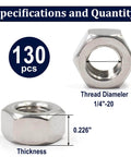 Specifications and dimensions of Quarter Inch 20 Stainless Steel Hex Nuts 304 A2-70 130 Pack Coarse Thread Hardware.