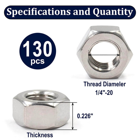 Specifications and dimensions of Quarter Inch 20 Stainless Steel Hex Nuts 304 A2-70 130 Pack Coarse Thread Hardware.