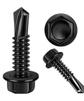 Close-up of 100pcs 410 Stainless Steel #8x1/2 Hex Washer Head Self Drilling Screws, Black Oxide Self Tapping Tek Screws.