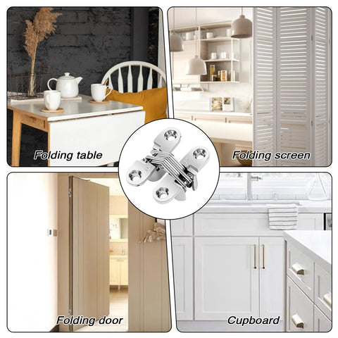Four Pack Stainless Steel 180 Degree Hidden Hinges For Doors And Cabinets, showing hinge uses on table, screen, door, cupboard