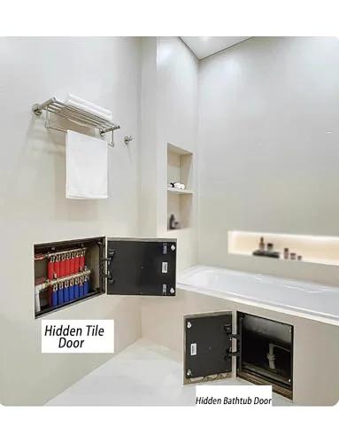 Seamless, heavy duty concealed hinges install invisibly behind tile, marble, or drywall for hidden access panels shown in bathroom.