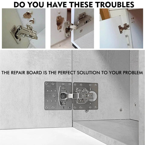 Demonstration of 8 Pcs Stainless Steel Cabinet Hinge Repair Plate Kit With Screws And Mounting Tools for fixing broken cabinet doors.