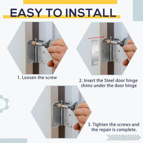 Illustration of installing Door Hinge Shim Kit 15 Pcs Stainless Steel Shims 3.5 Inch long for easy door repair.