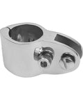 Front view of marine-grade stainless steel hinged jaw rail clamp for 25mm bimini top rail with screws