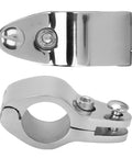 Two stainless steel hinged upper-jaw slide fittings for 32mm boat rail, marine-grade 316