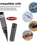 Adjustable 0 To 14mm Hole Puncher Reamer For RC Car Body Shells And Aircraft Models Stainless Steel Durable Built Tough Black Tool With Sleeve Compatible With Quadcopters Planes Helicopters Boats And Other RC Hobby Projects, shown with sleeve and various RC images.
