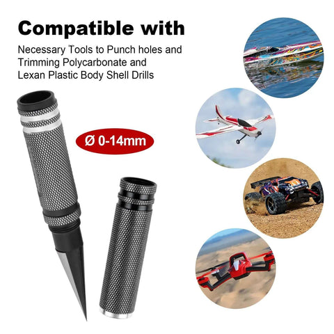 Adjustable 0 To 14mm Hole Puncher Reamer For RC Car Body Shells And Aircraft Models Stainless Steel Durable Built Tough Black Tool With Sleeve Compatible With Quadcopters Planes Helicopters Boats And Other RC Hobby Projects, shown with sleeve and various RC images.