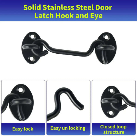 Heavy Duty Built Tough 4 Inch Hook And Eye Latch Set with black powder coat showing solid stainless steel hooks and eye latch components