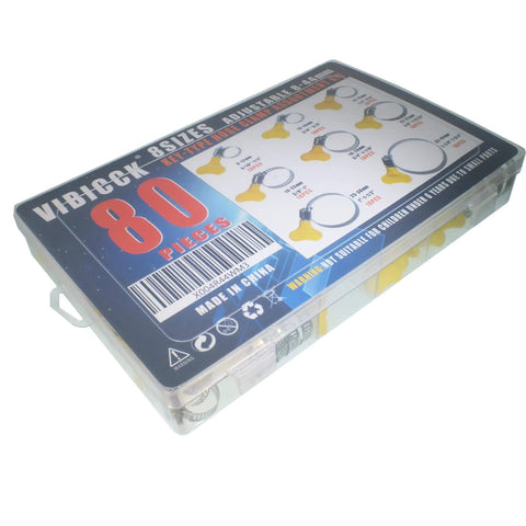 Stainless Steel Hose Clamp Assortment Kit 80 Pieces Adjustable 8 To 44 Mm Worm Gear Metal in plastic case.