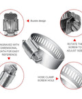 Close-up view of 40 Pcs Hose Clamp Set With Seven Size Ranges Adjustable Pipe Tube Clamps Made From Premium 304 Stainless Steel Durable Hose Clamps For Home Garage Garden Lawn Projects and Everyday Repairs.