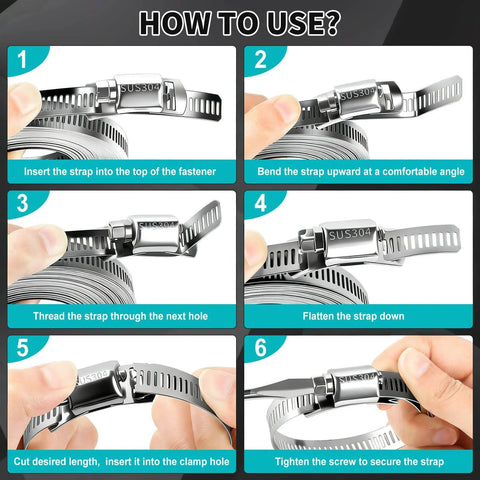 Step-by-step guide for using 304 Stainless Steel Hose Clamps DIY Kit With 26 Foot Length Adjustable Metal Strap Clamps And 15 Fasteners