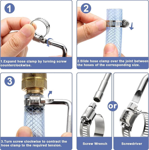 215 Piece 304 Stainless Steel Hose Clamp Kit One Quarter To Two And A Half Inches Worm Gear Clamps 6 To 63 Millimeters shown in use on pipe