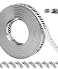 16 Ft DIY Hose Clamps Assortment Kit In 304 Stainless Steel Worm Gear Bands with 10 Heavy Duty Fasteners, close-up view.