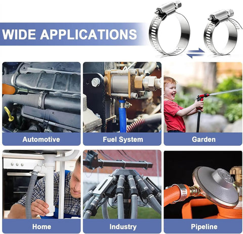 Wide applications of 215 Piece 304 Stainless Steel Hose Clamp Kit One Quarter To Two And A Half Inches Worm Gear Clamps 6 To 63 Millimeters.