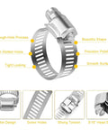 Stainless Steel Hose Clamps 16 Pack Worm Gear Drive SAE 12 Clamps Clamping Range From Half Inch To One And Quarter Inch 14mm To 31mm For Automotive Plumbing Premium 304 Stainless Construction For Maximum Corrosion Resistance, showing details like buckle design and screw holes.