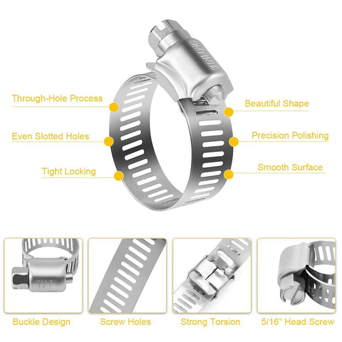 Stainless Steel Hose Clamps 16 Pack Worm Gear Drive SAE 12 Clamps Clamping Range From Half Inch To One And Quarter Inch 14mm To 31mm For Automotive Plumbing Premium 304 Stainless Construction For Maximum Corrosion Resistance, showing details like buckle design and screw holes.