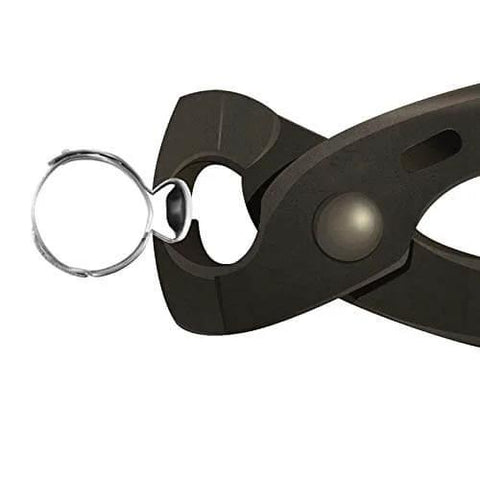 Close-up view of 40 Pcs 15.3mm-18.5mm Single Ear Hose Clamps 304 Stainless Steel PEX Cinch Clamps with pliers for pipe fitting connections.