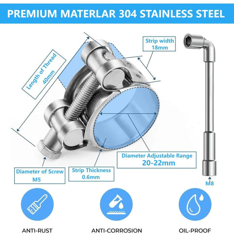 Diagram of 5 Pack 20 To 22 Mm T Bolt Hose Clamps Stainless Steel 304 Intercooler Pipe Tube Clamps Turbo Pipe Clamps Heavy Duty Radiator Hose Clamp T Bolt Intake Hose Clamp Adjustable Range 0.78 To 0.86 Inches, showing adjustable dimensions and features.