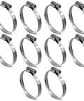 Embossed Worm Gear Hose Clamps Size 28 For One And Five Eighths Inch To Two And Three Eighths Inch Hoses Heavy Duty All 304 Stainless Steel Automotive Hose Clips Forty To Sixty Millimeter Ten Pack in a 10-piece set displayed on a white background.