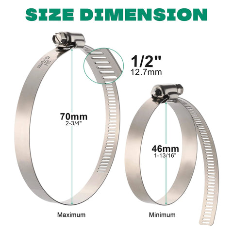 Large Ten Pack Stainless Steel Hose Clamps Two And A Half Inch Adjustable Worm Gear Duct Clamps For Radiator Dryer Vent Hose Fuel Line And Automotive Use Fits Forty Six To Seventy Millimeter Outer Diameter, showing size dimensions.