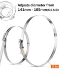 Pack Of 6 Adjustable 6 Inch Hose Clamps in 304 stainless steel with worm gear mechanism, range 141mm to 165mm