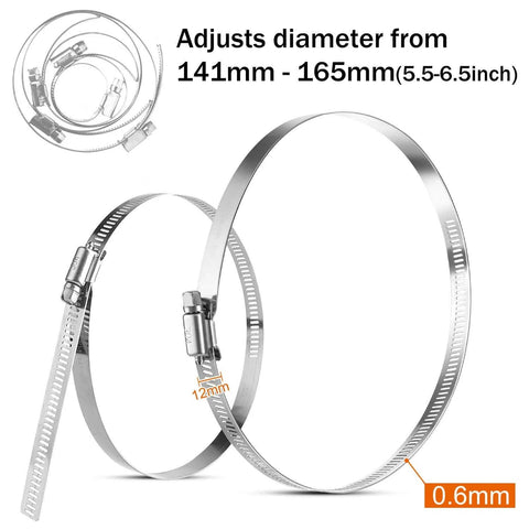 Pack Of 6 Adjustable 6 Inch Hose Clamps in 304 stainless steel with worm gear mechanism, range 141mm to 165mm