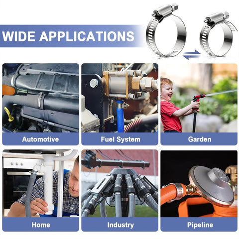 Hose Clamp Assortment 180 Pcs Stainless Steel Worm Gear Clamps Kit for diverse applications, including automotive and garden.