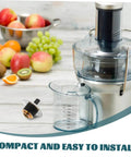 Stainless Steel Juicer Coupling Replacement Plug And Play Drive Connector next to a juicer with fruit, durable kitchen accessory.