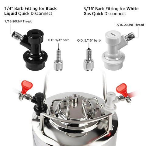 Ball Lock Keg Post Quick Disconnect Set For Corny Kegs Stainless Steel Homebrew Connectors 19/32-18 Female Thread Gas And Liquid Posts Includes 1 Pair Keg Post Fittings With Hose Clamps Durable Easy Install showing black liquid and white gas connectors with keg top view.